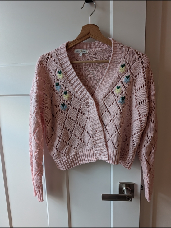 Woven Heart Sweaters - Woven Heart Pink Crochet V-Neck Cardigan with Floral Embroidery